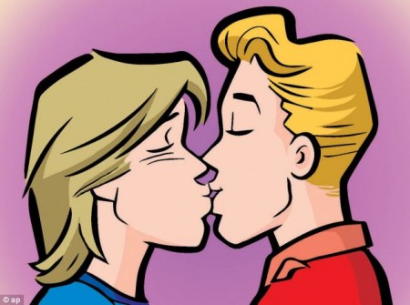 Moving forward: Openly-gay character Kevin Keller, right, kissing his boyfriend Devon. The issue will go on sale on August 7.