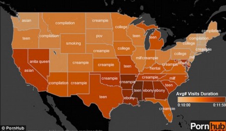 Mapped out: An adult website has listed the top porn search terms for each state.