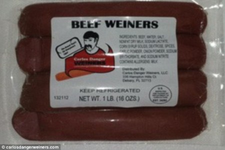 Dirty dog: Florida marketing CEO Randall Richards launched Carlos Danger Weiners last Friday, after partnering with a farm to create a hot dog product that 'rises to any occasion.'