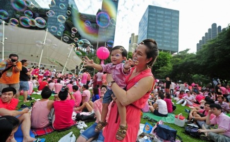 People dressed in pink attend the "Pink Dot" held in Singapore's Hong Lim Park on June 28. Photo: Xinhua