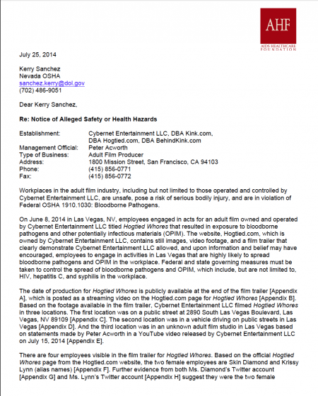 AIDS Healthcare Foundation's Complaint to Nevada OSHA Over Kink.com Oral Sex Scene - p 1