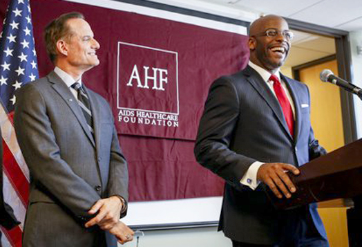 VICE Agrees: Mandating Condom Use in Porn Is Wrongheaded and Stupid -- The man behind both Measure B and AB 1576, latex fetishist Michael Weinstein (left), shares a laugh with his Assemblypuppet, the Baptist minister Isadore Hall III (D-AHF)
