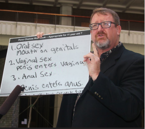 NOT THE THREE R’S: McDermott holds up a copy of notes from an 11-year-old student enrolled in the sex education classes in the state’s public schools. (file photo)
