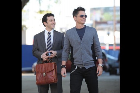 Fred Savage and Rob Lowe avoided being expelled from Marshall High when the school district allowed filming of their new show, "The Grinder," to continue. (Ray Mickshaw / TNS)