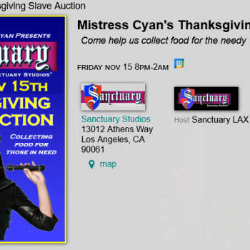 Mistress Cyan’s Charity Food Drive and Party, Coming to Sanctuary Studios this Friday