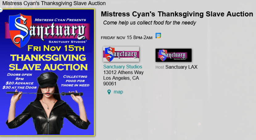 Mistress Cyan’s Charity Food Drive and Party, Coming to Sanctuary Studios this Friday