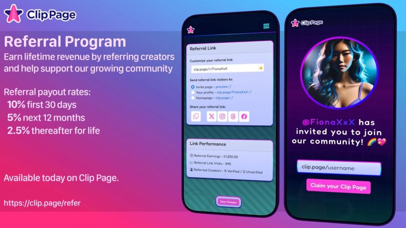 Clip Page, the fast-growing marketplace for custom content, has unveiled its new referral program, enabling creators to earn up to 10% on sales and lifetime revenue by introducing new creators to the platform. Creators earn 10% of referred creators’ sales for the first 30 days, 5% for the following 12 months, and 2.5% thereafter for life. Clip Page covers all referral earnings, ensuring referred creators keep 100% of their revenue. The new referral program also makes it easy for creators to share personalized referral links and track earnings directly on the platform. This feature, designed to build community and foster growth among creators, is available immediately. “We believe that building a strong community should come with real rewards,” said Dan Cooper, founder of Clip Page. “With our referral program, creators can earn lifetime revenue – starting with a market-leading 10% on sales. No other platform offers this kind of earning potential and support for its community.” For more details on the Clip Page referral program, visit https://clip.page/refer You can follow Clip Page on Twitter (X) @ClipPageHQ Contact: Dan Cooper, Founder – dan@clip.page