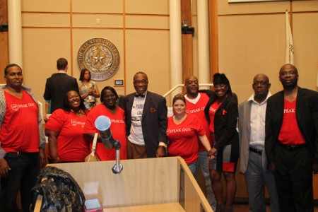 Patients and staff of AIDS Healthcare Foundation in Dallas with Dallas County Commissioner John Wiley Price, center