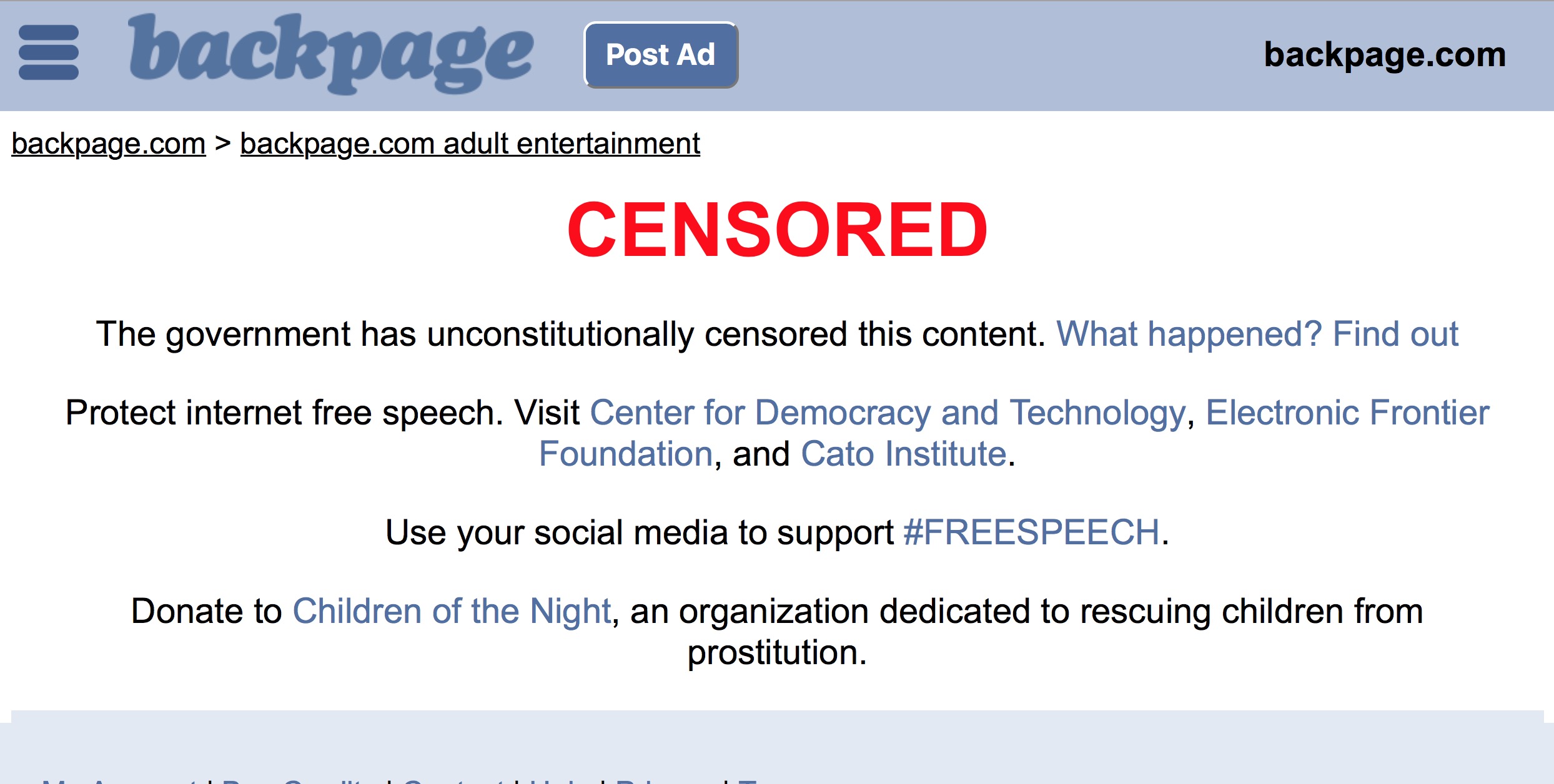 Backpage.com Removes Adult Content Due to Unconstitutional Government Censorship....Vows to Fight First Amendment Battles